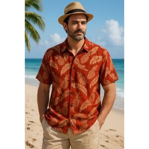 CAMPIA Red and White Tropical Print Rayon Button-down Short Sleeves Shirt Size L